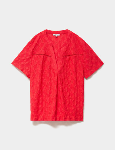 T-shirt broderie anglaise col tunisien rouge femme