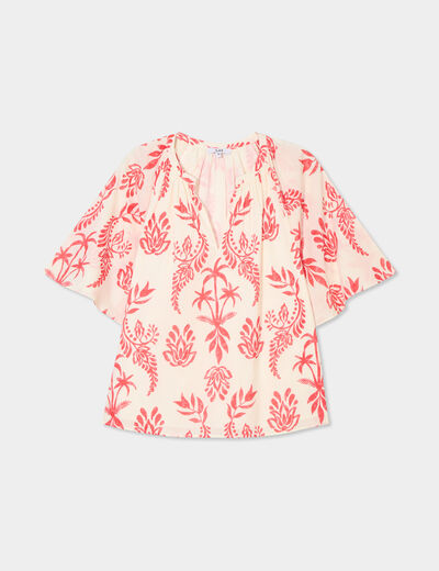 Blouse manches courtes papillons coton ecru femme