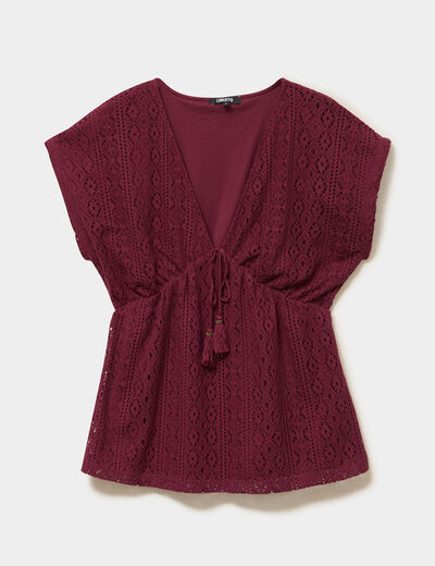 T-shirt dentelle col en V noeud bordeaux femme