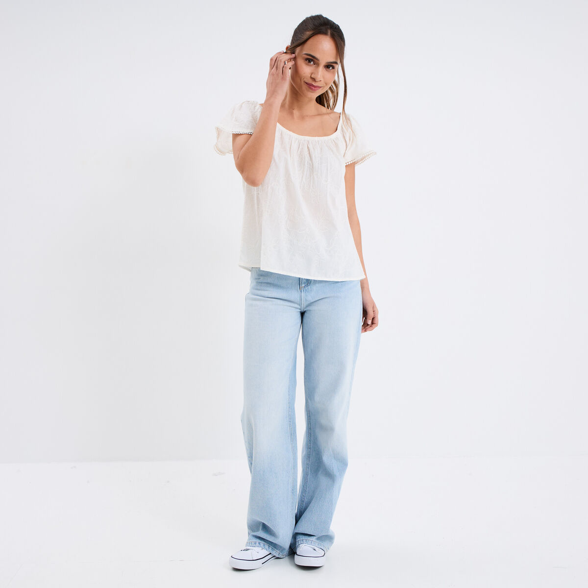 Blouse brodée col bardot coton creme femme
