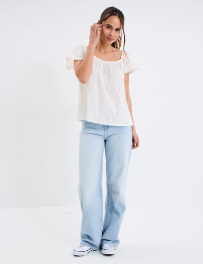 Blouse brodée col bardot coton creme femme
