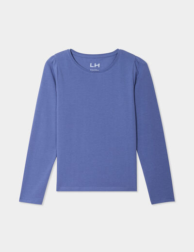 T-shirt coton manches longues à fronces bleu gris fille