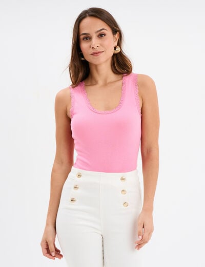 Débardeur coton bords dentelle rose femme