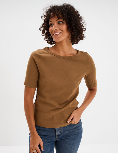 T-shirt col rond manches courtes coton beige femme