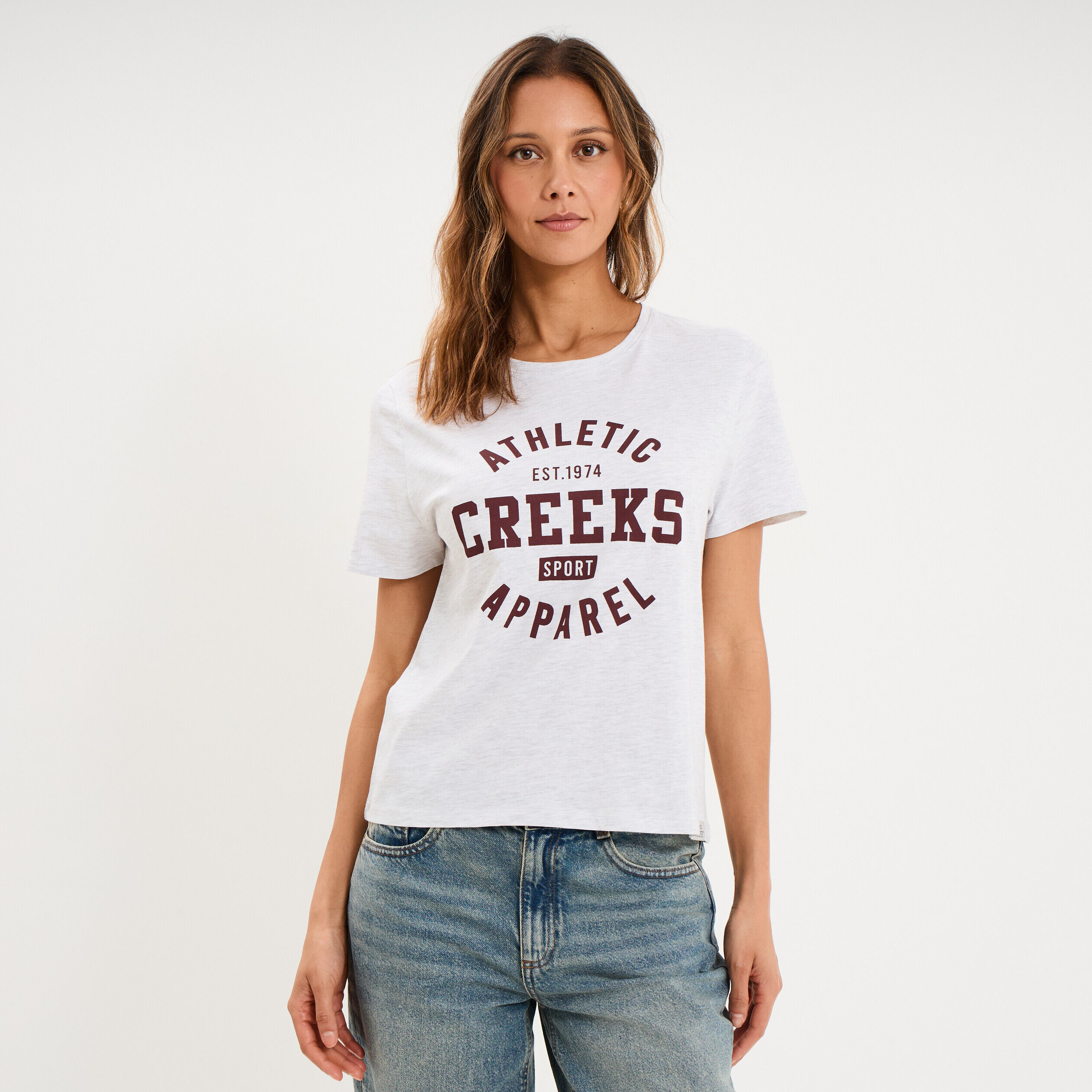 T-shirt col rond manches courtes gris clair femme CREEKS