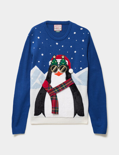 Pull de No&euml;l col rond bleu homme