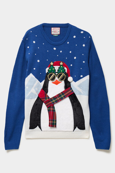 Pull de No&euml;l col rond bleu homme