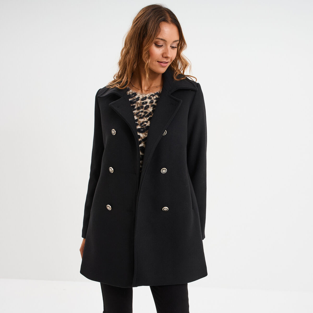 Manteau caban double boutonnage noir femme