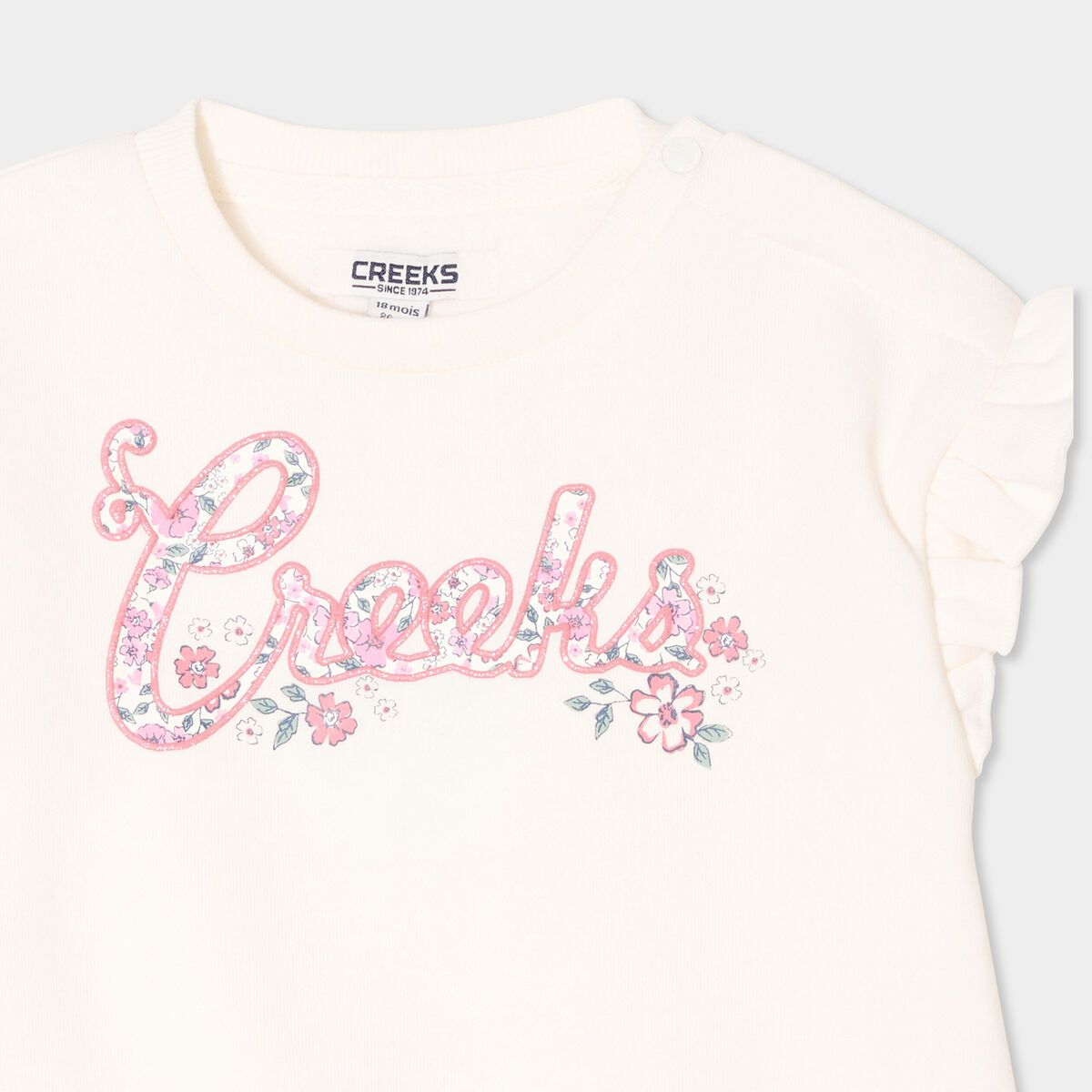 Sweat volants et d&eacute;tails brod&eacute;s Creeks creme b&eacute;b&eacute; fille