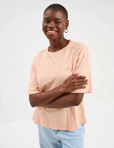 T-shirt col rond manches courtes coton orange corail femme