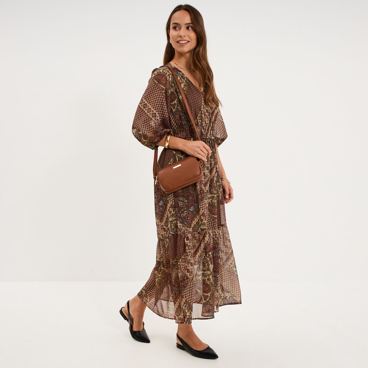 Robe longue fluide manches 3/4 col en V vert kaki femme