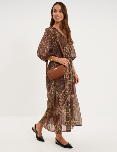 Robe longue fluide manches 3/4 col en V vert kaki femme