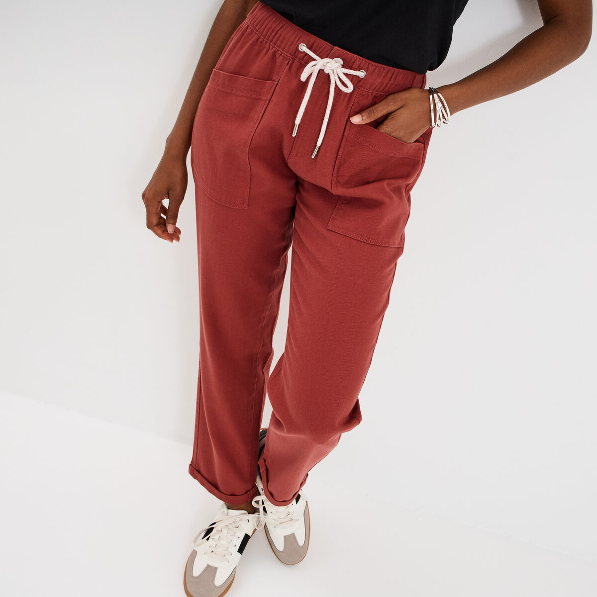 Pantalon droit taille élastiquée rouge foncé femme