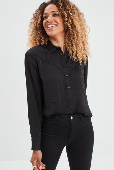 Chemise satin manches longues Liberto noir femme