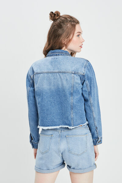Veste droite en jean denim double stone femme