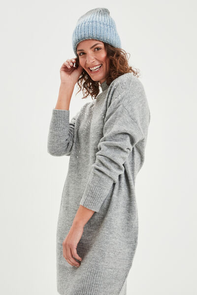 Robe pull courte avec strass gris femme