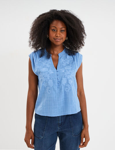 Blouse col tunisien sans manches coton bleu clair femme