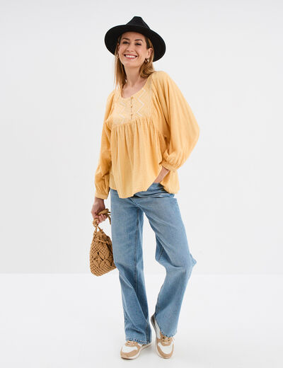 Blouse brodée manches ballons jaune clair femme