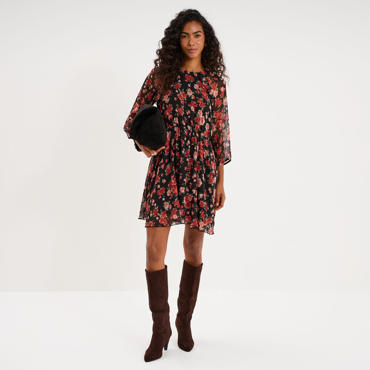 Robe fluide courte manches 3/4 noir femme