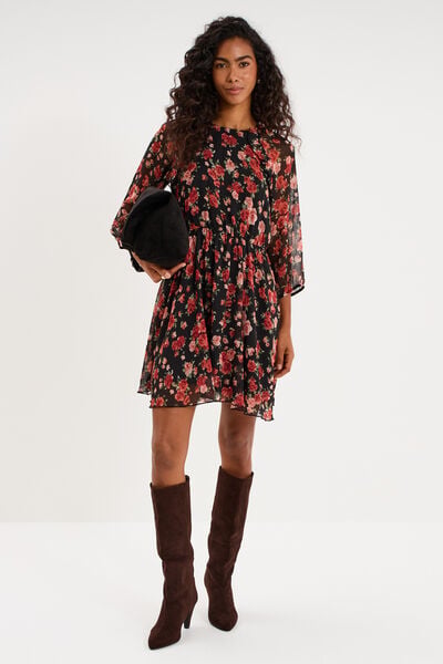 Robe fluide courte manches 3/4 noir femme