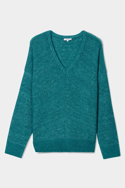 Pull manches chauves-souris col en V bleu canard femme grande taille