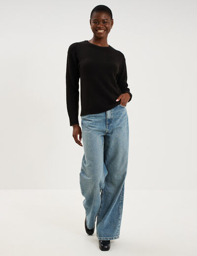 Pull col rond manches longues noir femme