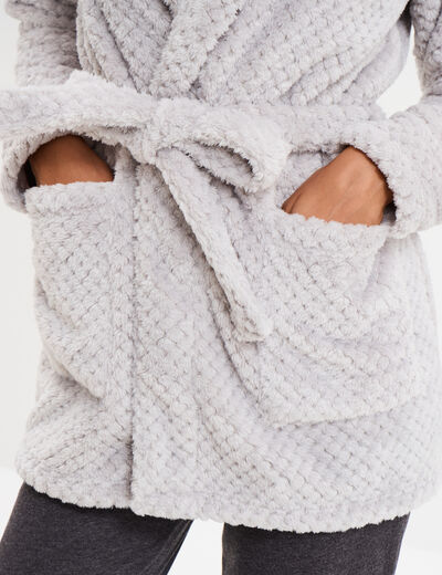 Peignoir mi-long effet polaire ceintur&eacute; gris clair femme