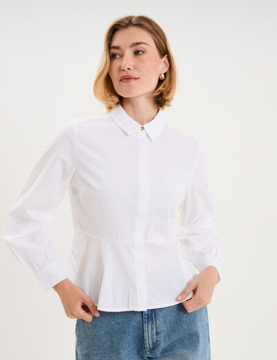 Blouse volants boutonn&eacute;e coton blanc femme