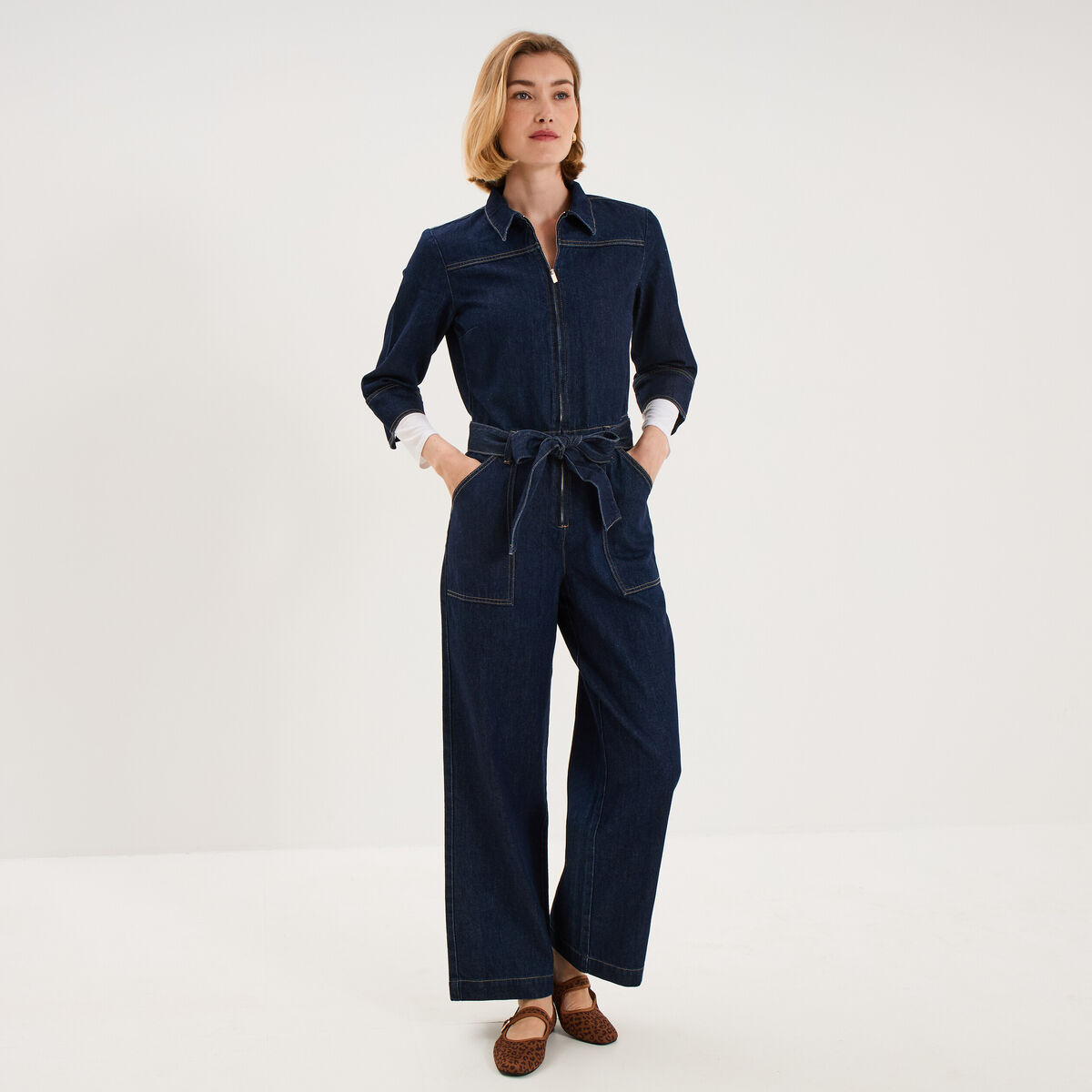 Combinaison pantalon large en jean coton denim brut femme
