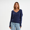 Pull ajour&eacute; col en V manches longues bleu femme