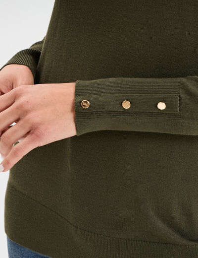Pull col rond boutons aux poignets vert kaki femme