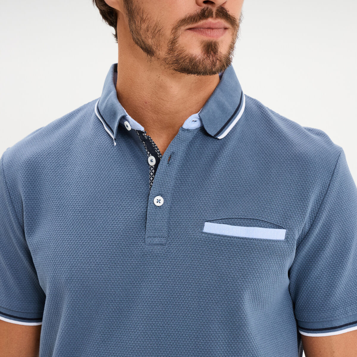 Polo piqu&eacute; manches courtes coton bleu gris homme