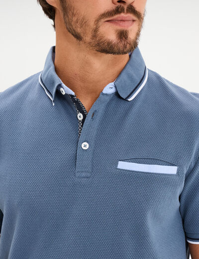Polo piqu&eacute; manches courtes coton bleu gris homme
