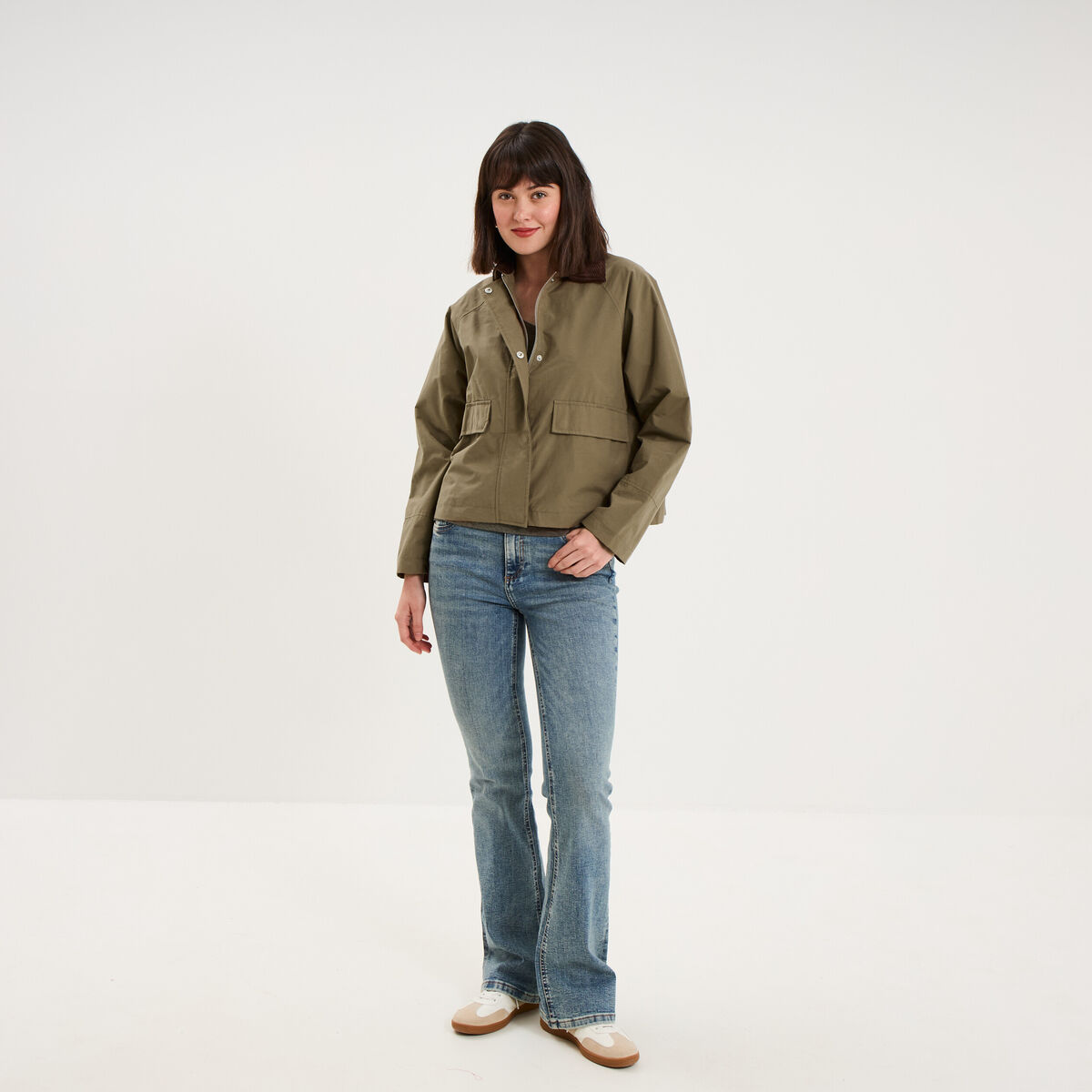 Veste courte oversize col velours c&ocirc;tel&eacute; taupe femme