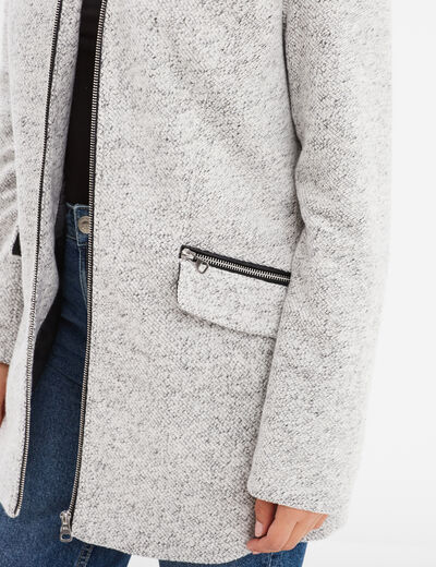 Manteau mi-long cintré zippé col montant gris clair femme