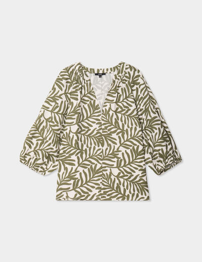 Blouse manches 3/4 ballons col tunisien blanc femme
