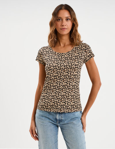 T-shirt coton imprim&eacute; coupe ajust&eacute;e sable femme