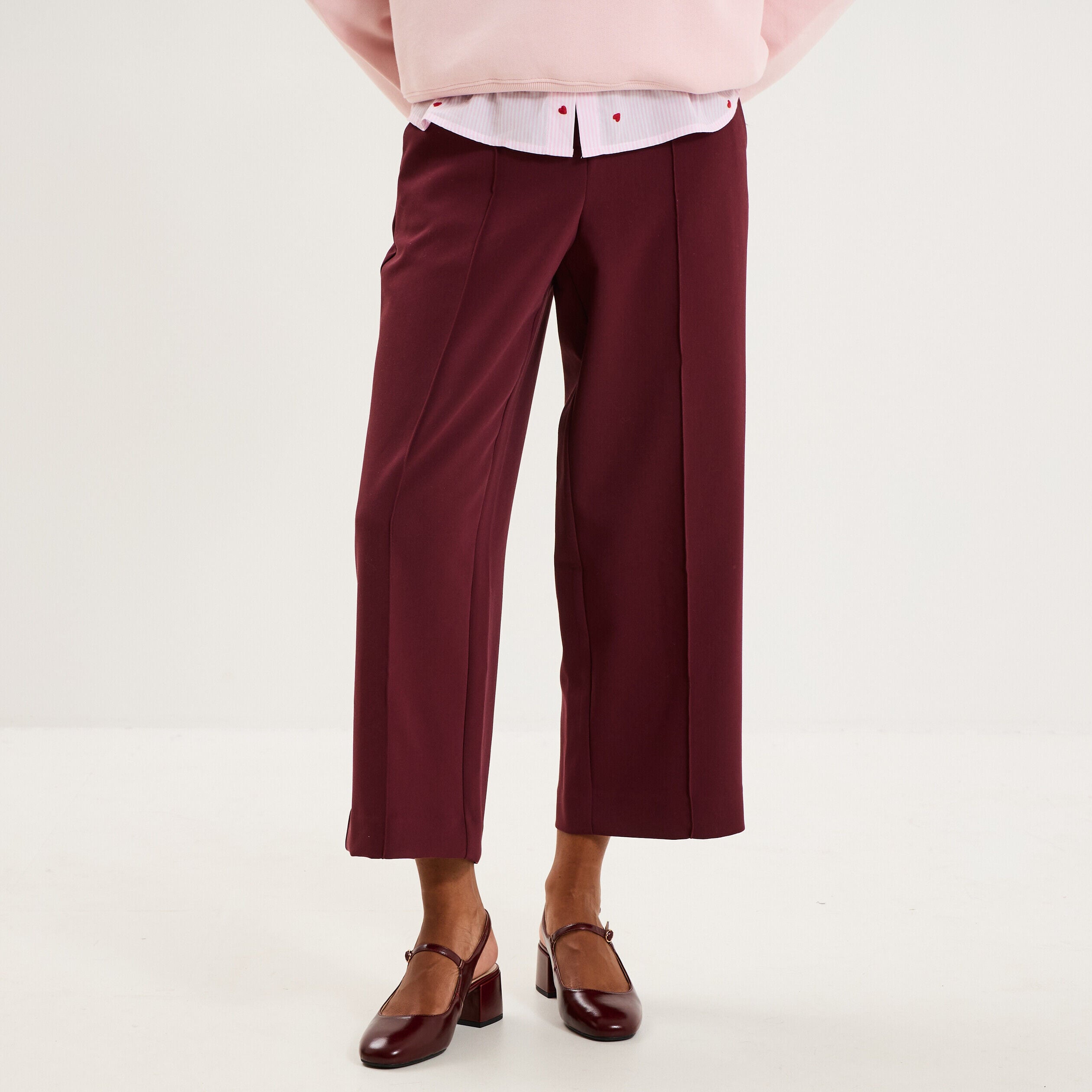 Pantalon droit cropped taille haute violet foncé femme
