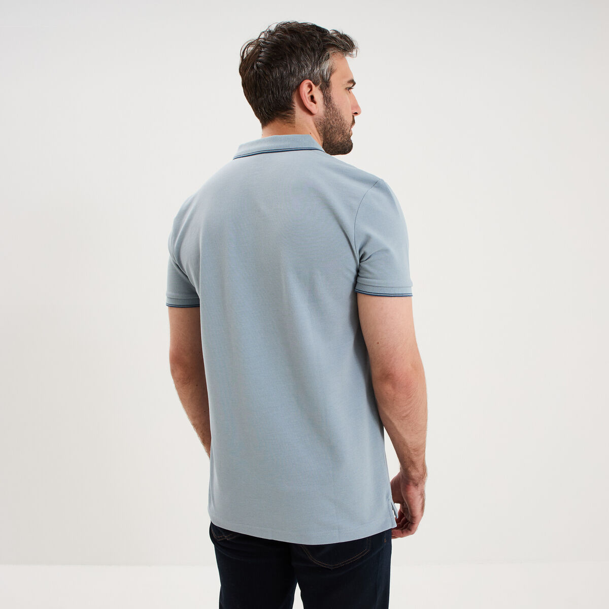 Polo piqu&eacute; coton manches courtes bleu gris homme