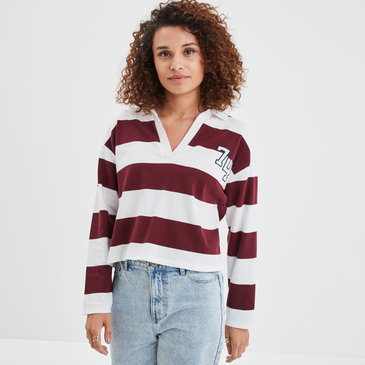 T-shirt col en V manches longues Creeks bordeaux femme