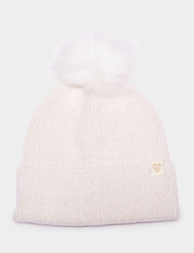 Bonnet à pompon fausse fourrure ivoire fille
