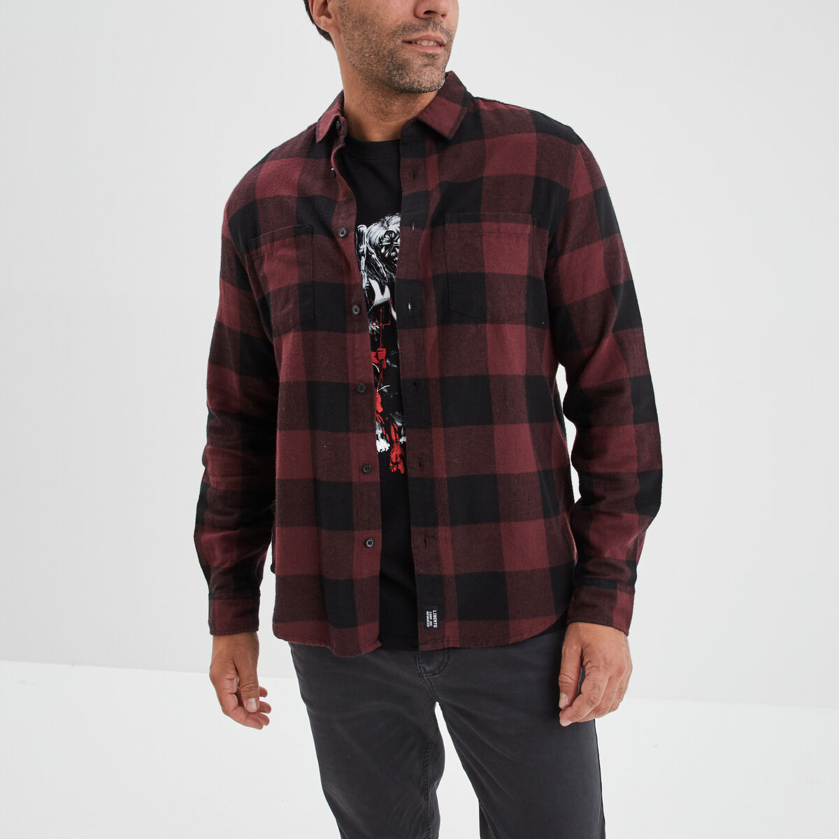 Chemise droite 2 poches manches longues bordeaux homme