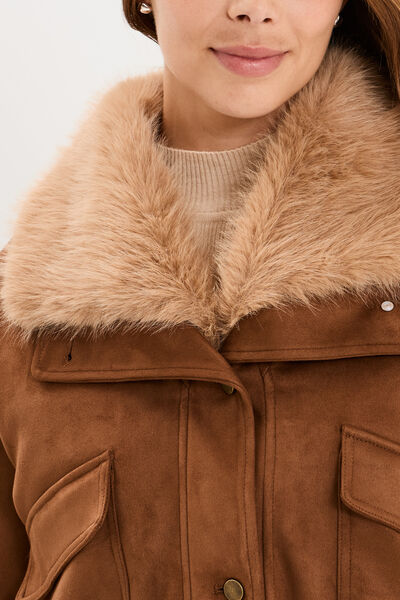 Veste effet su&eacute;dine col fausse fourrure marron femme
