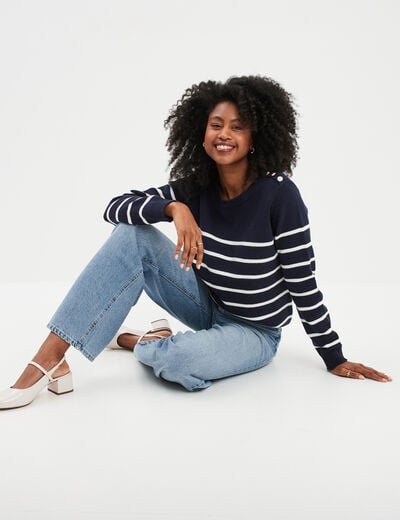 Pull col rond boutons épaule Creeks bleu marine femme