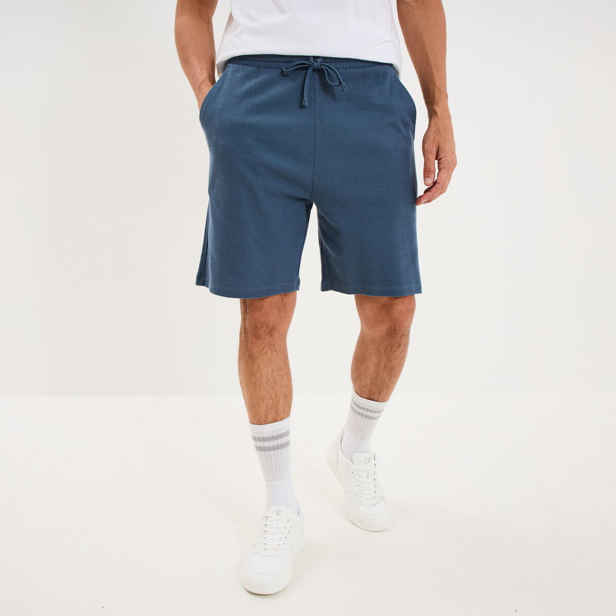 Bermuda chino textur&eacute; coupe droite coton bleu gris homme