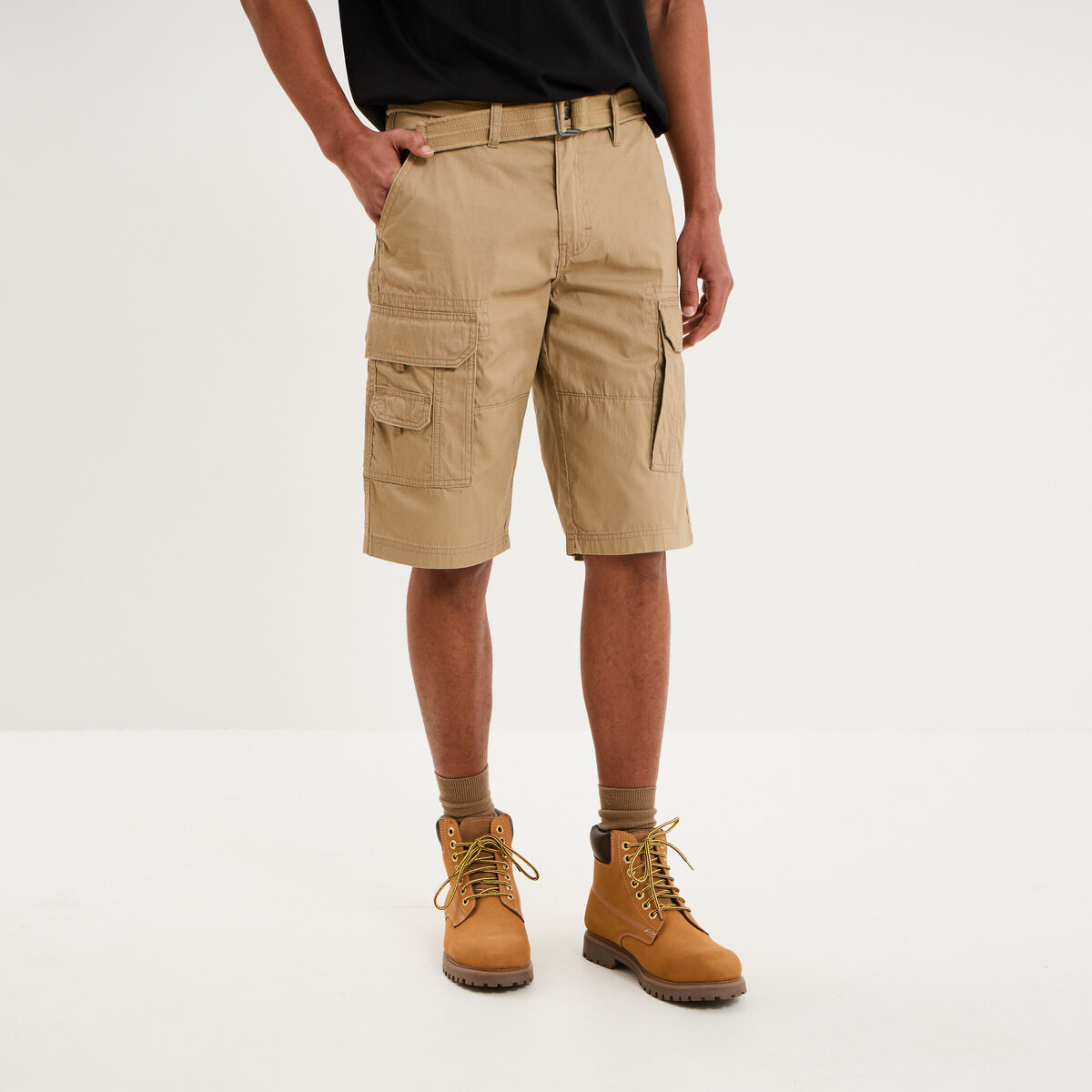 Bermuda cargo c&ocirc;tel&eacute; coton ceintur&eacute; beige homme