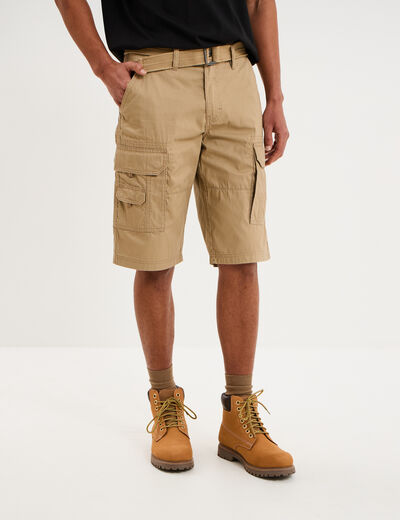 Bermuda cargo c&ocirc;tel&eacute; coton ceintur&eacute; beige homme