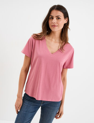 T-shirt manches courtes col en V coton vieux rose femme
