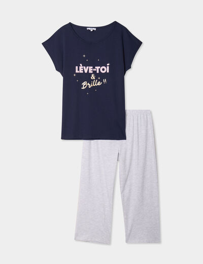 Ensemble pyjama corsaire t-shirt coton bleu marine femme