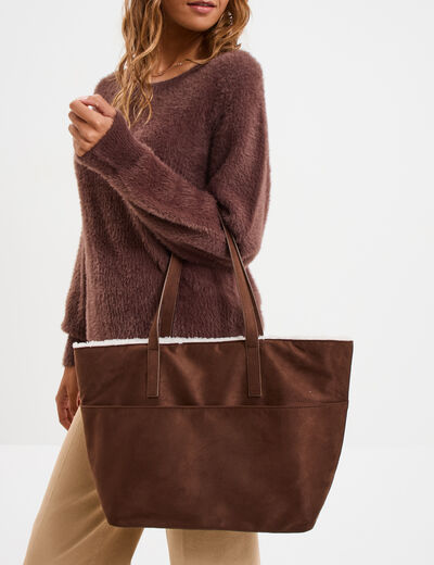 Sac cabas effet su&eacute;dine et fourr&eacute; multicolore femme